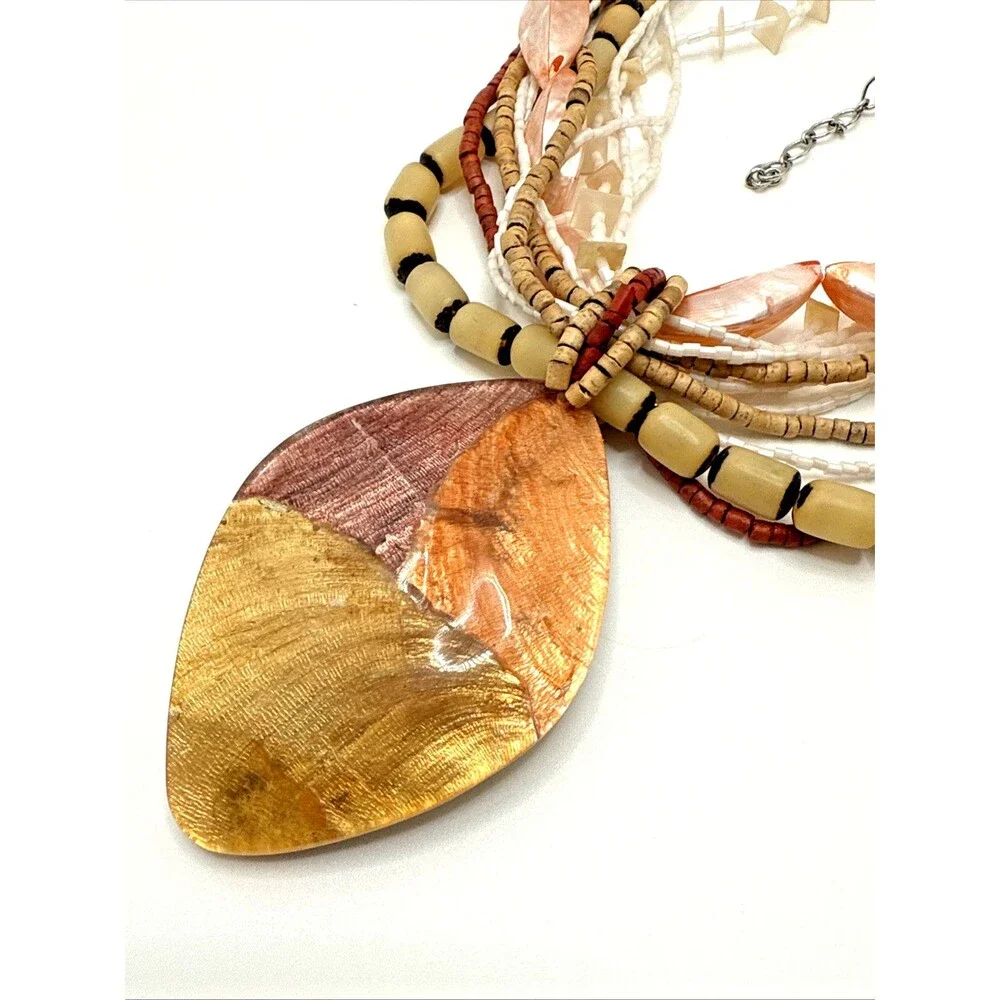 Boho Multi Strand Statement Necklace Pink Shell Beads Wood Tribal Pendant 18-20